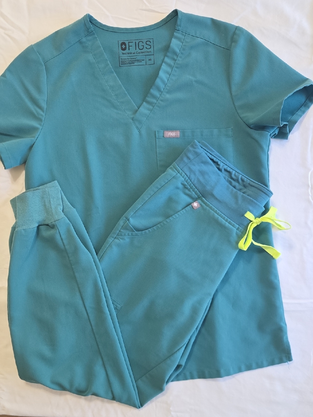 Figs Teal Medical Scrub Top and Jogger Set with Neon Drawstring
